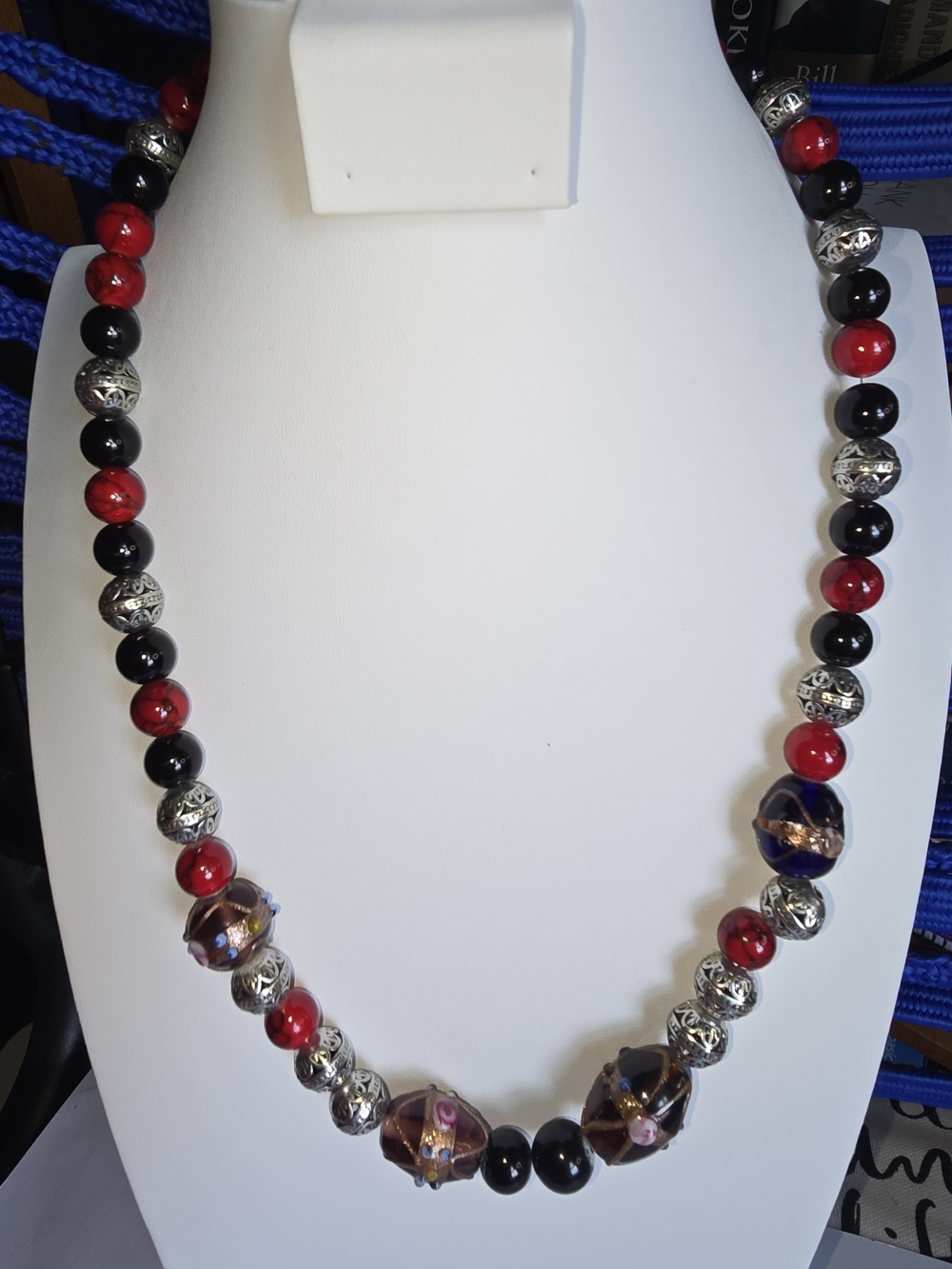 Red and Black Beaded Statement Necklace with Silver Accents